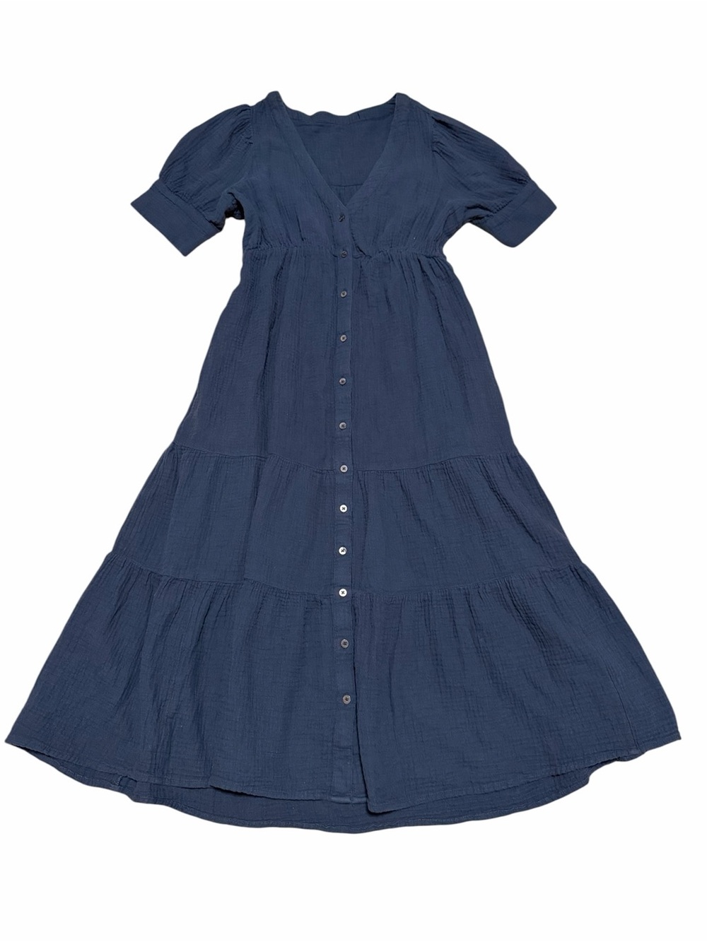 Madewell Lightspun Button-Front 100% Cotton Tiered Midi Dress | Navy